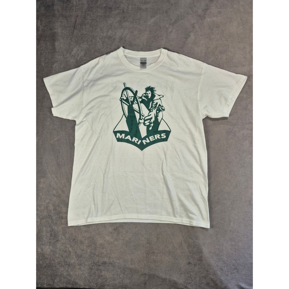 Gildan Mariners Leadership Mens L White Green Graphic T Shirt Nautical Tee
